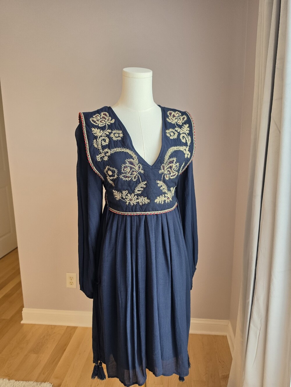 Zara Navy Blue Long Sleeve Dress with Embroidery